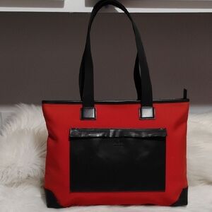 Authentic Gucci Red Canvas & Black Leather Color Block Tote Bag